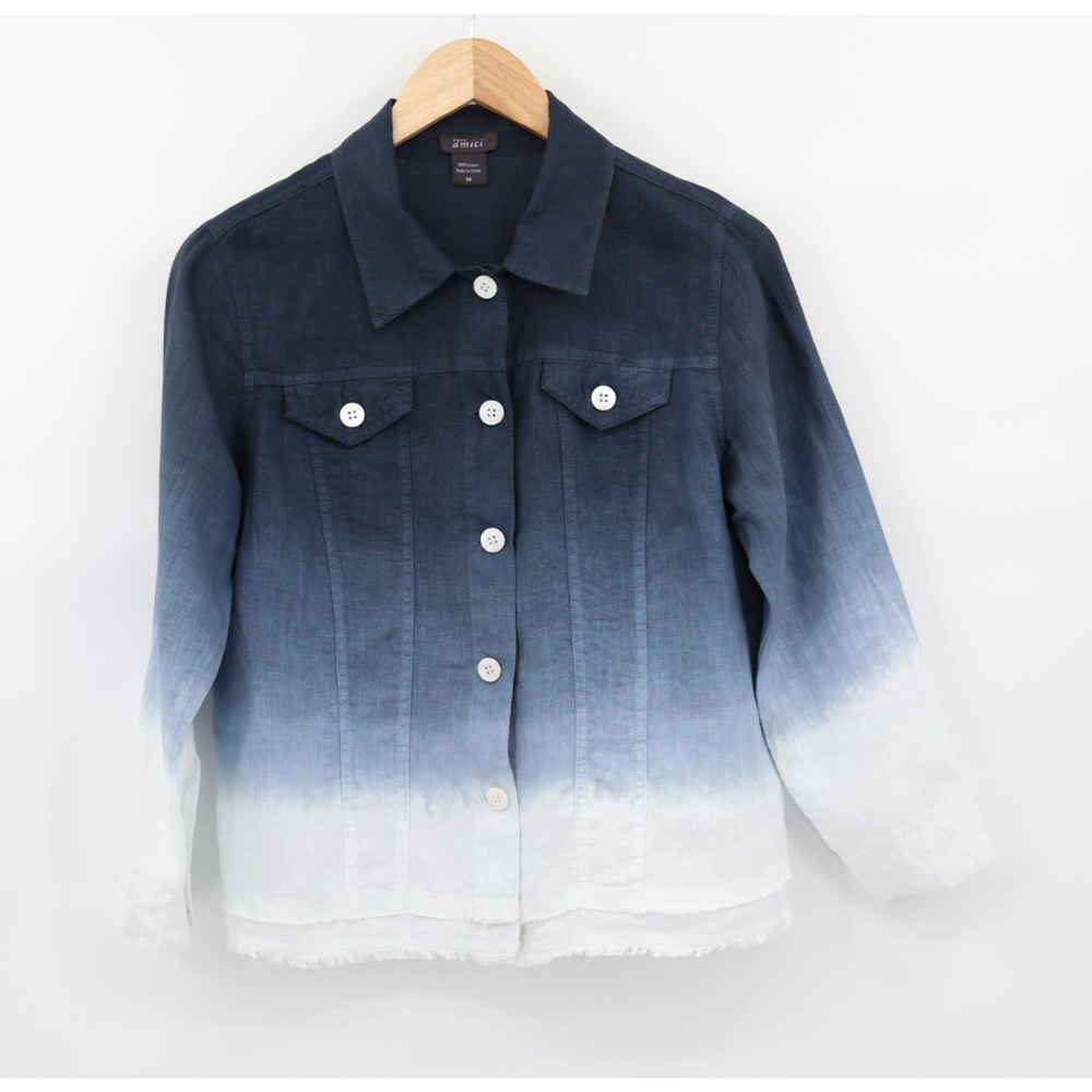 Pure Amici Women's Ombre Linen Frayed Hem Jacket Sz M Summer Coastal